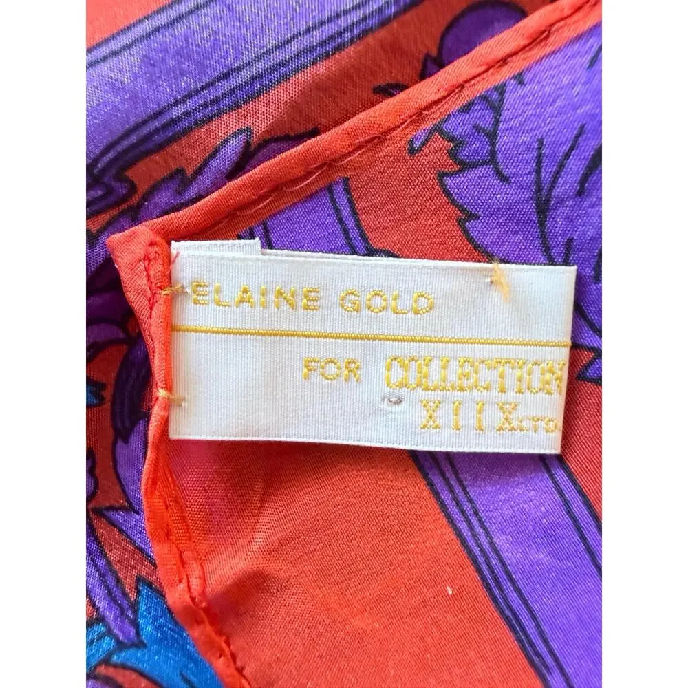 Vintage 80s Elaine Gold Silk Scarf Opulent Coral & Amethyst Baroque Scroll Scarf